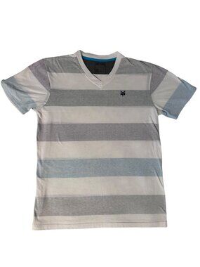 Zoo York Mens Striped V-Neck T-Shirt White/Grey/Blue Size L GUC